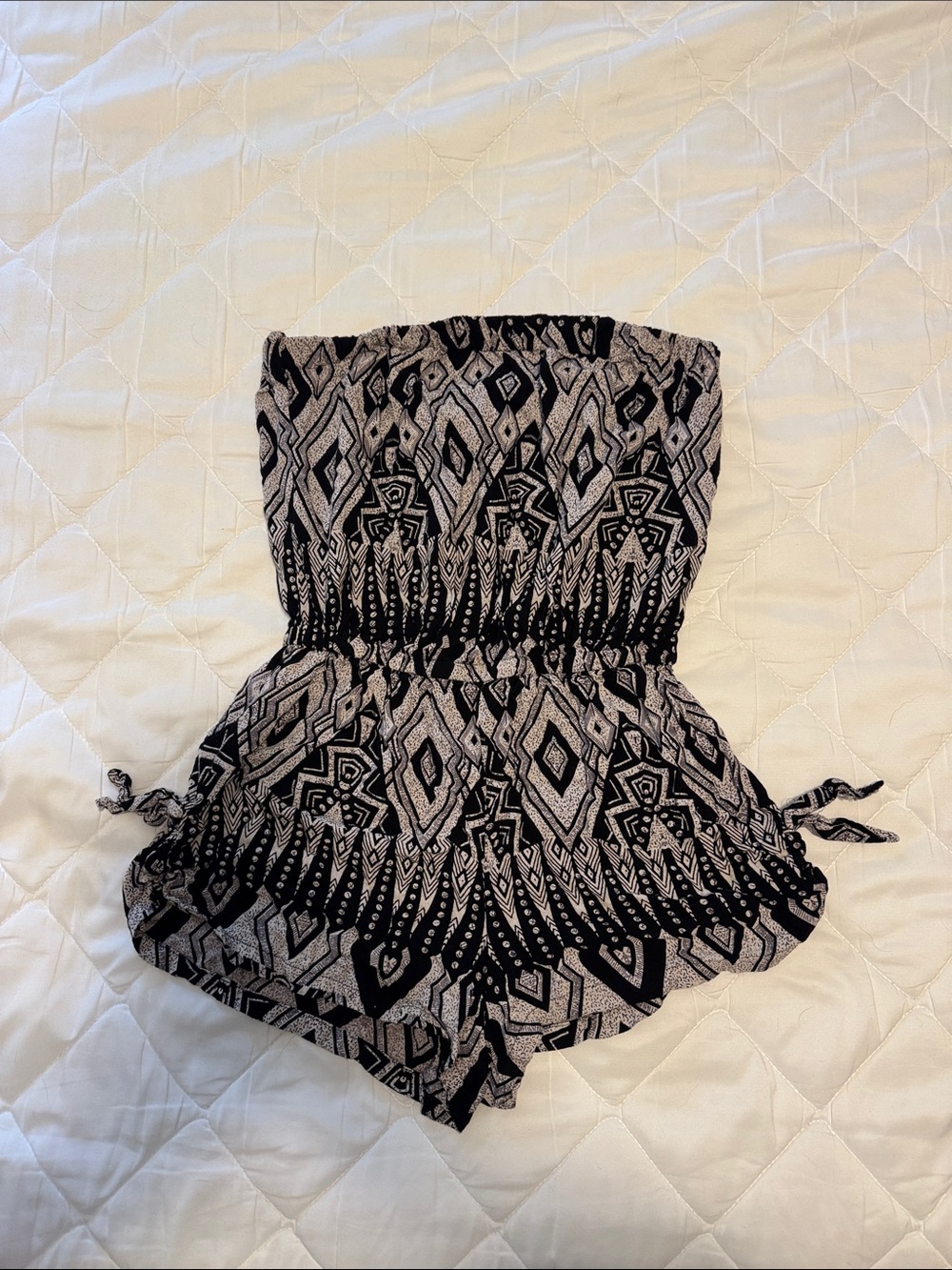 Angie Black and Cream Strapless Romper with Geometric Print